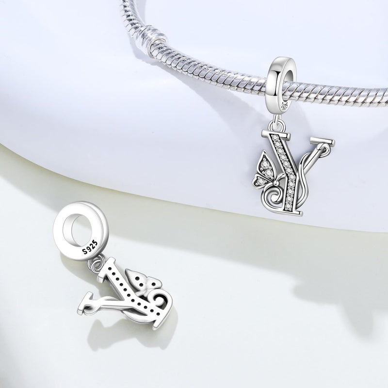 PANPOKI Store 2 Pack 925 Sterling Silver Butterfly Letter Charms for Bracelets and Necklace Alphabet Initial Dangle Pendants Round Spacer Beads Pave Cubic Zirconia Jewelry Gift for Women - Image 2